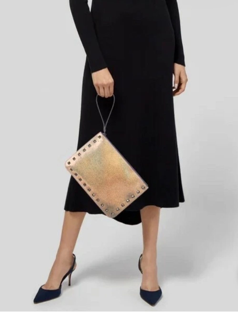 REBECCA MINKOFF Gold Glitter Studded Leather Wristlet Clutch Pouch Metallic Enve